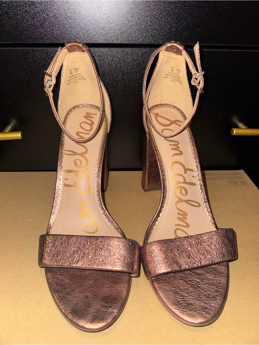Sam Edelman Metallic Rose Gold Ankle-Strap Block Heels